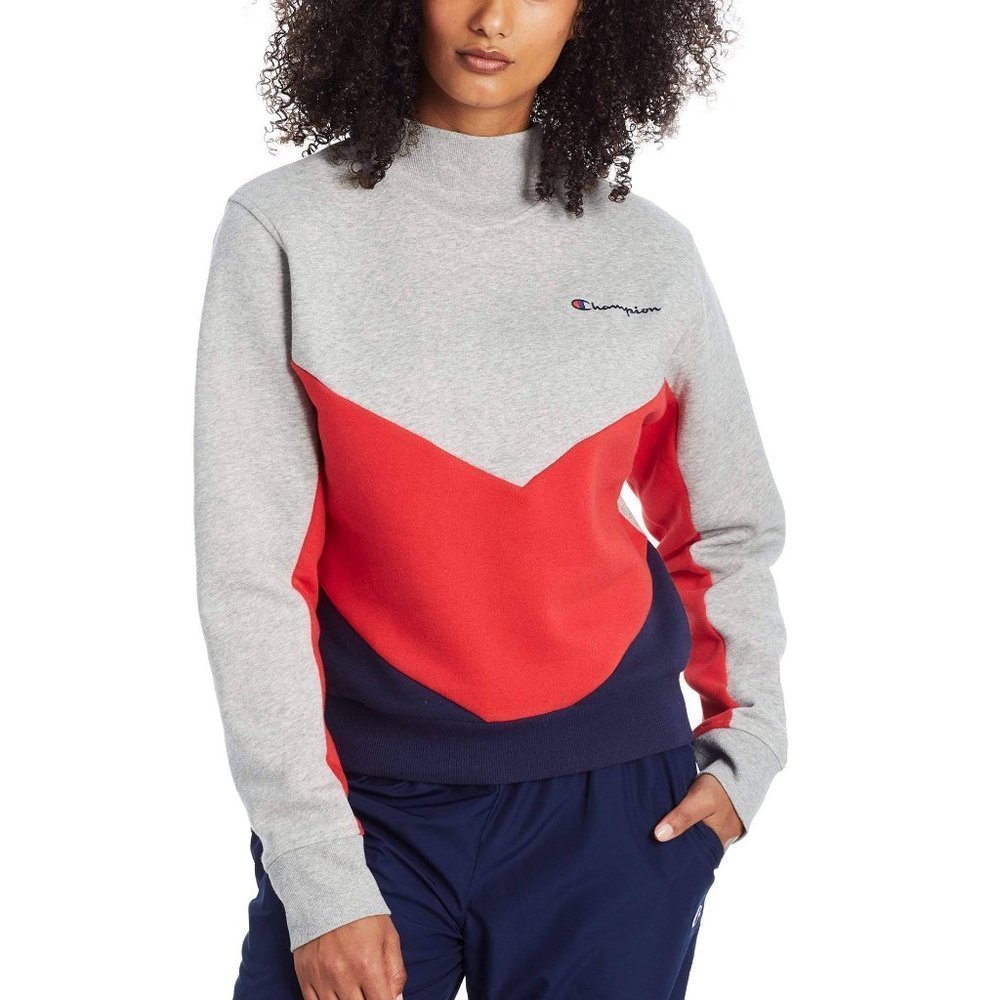 Champion Women's Colorblock Campus Mock Neck Sweatshirt Size L Gray/Red/Blue